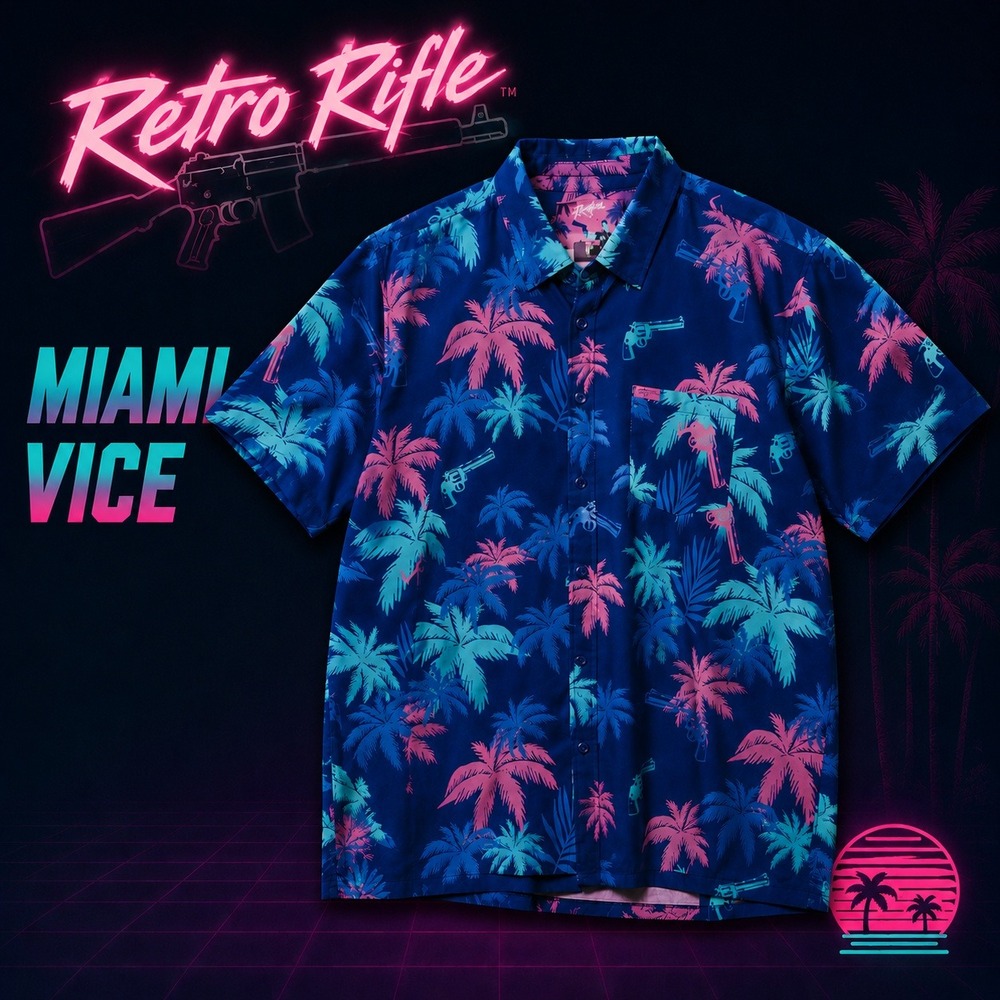 Retro Rifle Vice City Shirt Mens 2XL Blue Pink Palm Tree Revolver Short Sleeve